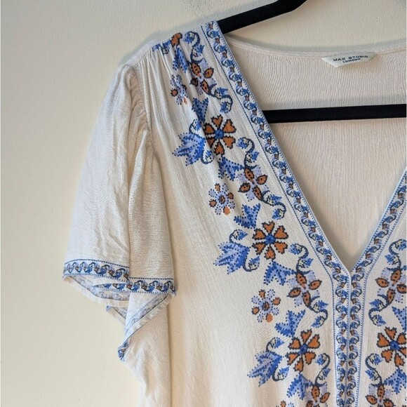 Max Studio Floral Tie Front Top In Cream Blue Multi Size Small - Picture 5 of 7